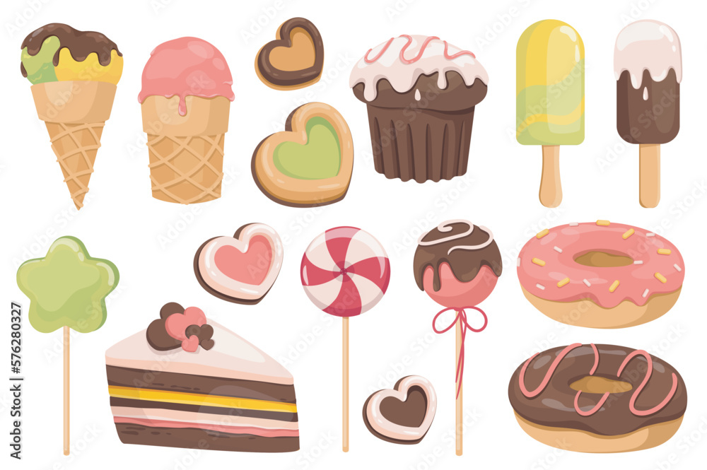 Poster sweets and dessert set graphic elements in flat design. bundle of different types of ice creams, cup