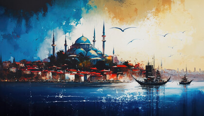 oilpainting illustration of Istanbul from the sea