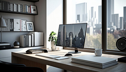 Designer desk with a sleek, minimalist surface and clean lines. The computer monitor takes center stage, surrounded by a few choice books and a small potted plant Generative AI