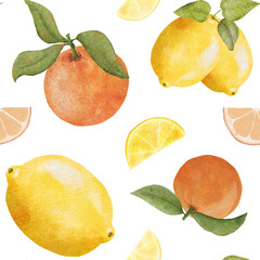 Watercolor Lemon and Orange Seamless Pattern with Fruit Slices. Tropical Fruit Citrus pattern. The illustration is hand drawn.