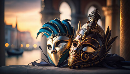 Obraz na płótnie Canvas Two venetian carnival masks on background on Venice. Based on Generative AI