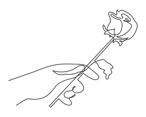 Hand holds rose, one-line art, continuous outline. Romantic decoration, flower symbol of love. Minimalist design.Editable stroke.Isolated.Vector illustration