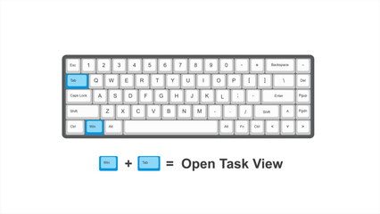 vector control win + Tab = Open Task View - keyboard shortcuts - windows with keyboard white and blue illustration and transparent background isolated Hotkeys