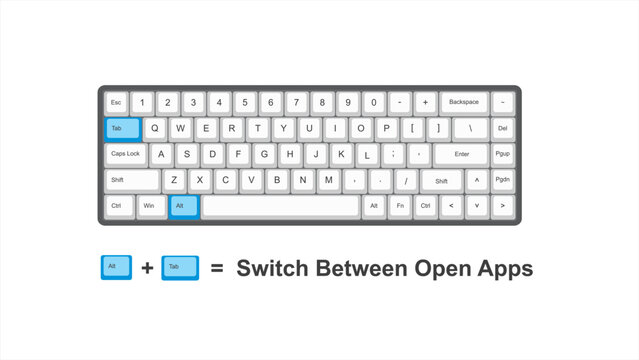 vector control Alt + Tab =  Switch Between Open Apps - keyboard shortcuts  - windows with keyboard white and blue illustration and transparent background isolated Hotkeys