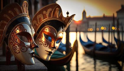Obraz na płótnie Canvas Two venetian carnival masks on background on Venice. Based on Generative AI