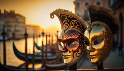 Fototapeten Two venetian carnival masks on background on Venice. Based on Generative AI © Yeti Studio