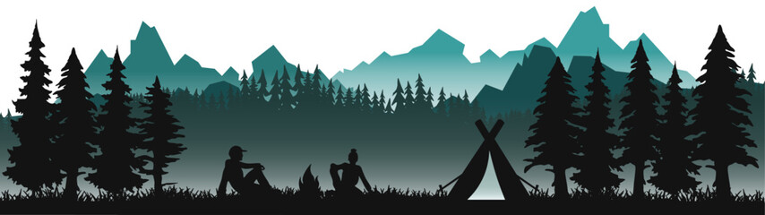 Camping camp landscape panorama illustration icon vector for logo - Silhouette of wildlife adventure forest fir trees misty fog mountains, tent, woman, man and campfire, isolated on white background