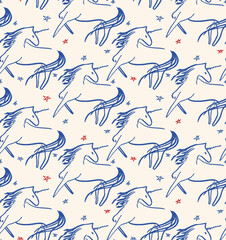 Seamless cute abstract pattern of blue unicorns and red stars in a brush stroke style. Great for kids' wear, sleepwear, wrapping paper, nursery, fashion, home decor, clothing, shirts, and more.