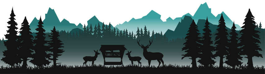 Silhouette of wild animals, deer and roe deer at feeding station in the forest with fir and spruce trees landscape panorama illustration icon vector for logo, isolated on white background © Corri Seizinger