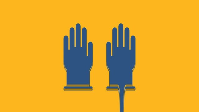 Blue Rubber gloves icon isolated on orange background. Latex hand protection sign. Housework cleaning equipment symbol. 4K Video motion graphic animation