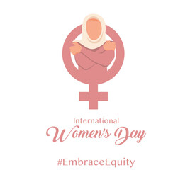 International Women's Day 2023 #EmbraceEquity. A dark-skinned woman hugging herself on a white background. Faceless style.Vector illustration.