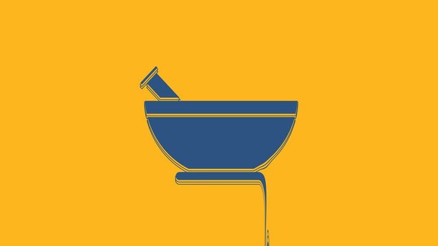 Blue Mortar and pestle icon isolated on orange background. 4K Video motion graphic animation