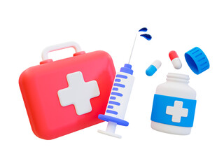 3d minimal medical composition. healthcare concept. first aid box with a syringe, medicine bottle, and capsules. 3d illustration.
