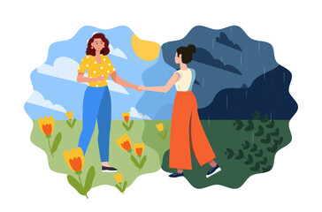 Woman aids person gets rid of depression, anxiety and stress. Friend  supports female and help victim to become free from mental problem, rescue depressed woman. Life improvement. Vector illustration