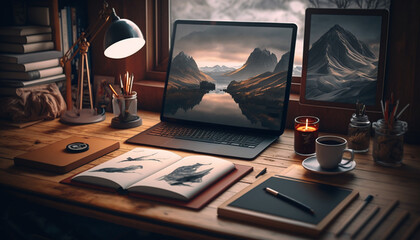 epic background for working desk inspiration Instagram posts with minimal desk vibes like iPad, pen tablet Generative AI