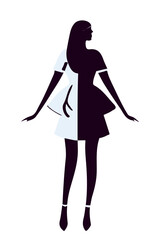 Fashion model. Silhouette of black beautiful woman in blue dress vector illustration.