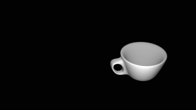 One beautiful coffee cup spins endlessly against a black background, a loop. You can use this for an infinite background in the video. Beautiful animation of a spinning coffee cup. Quality animation
