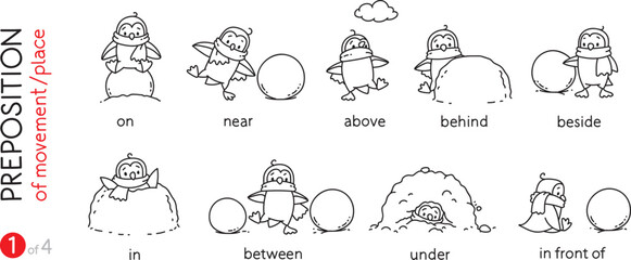 Preposition of place. Funny penguins cartoon set