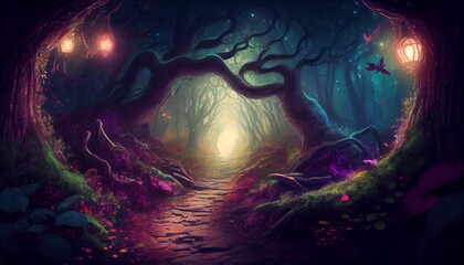 Halloween background with spooky forest and glowing tree. Generative AI