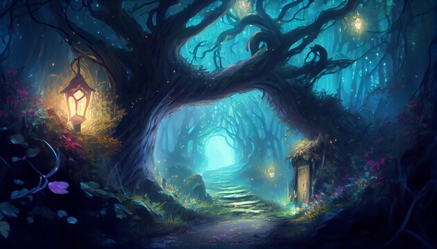 Halloween background with a spooky forest and a path leading to the door. Generative AI