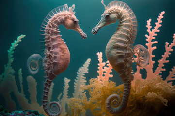 Fototapeta na wymiar Beautiful Sea horses underwater. Generative AI