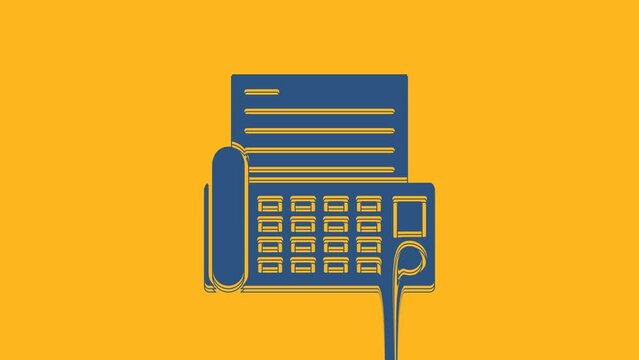 Blue Fax machine icon isolated on orange background. Office Telephone. 4K Video motion graphic animation