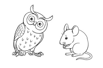 Cute mouse and eagle owl to color in. Template for a coloring book with funny animals. Coloring template for kids.