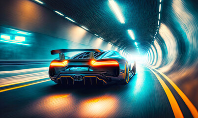 Fototapeta na wymiar Back side of super sport car at fast ride in a tunnel. Postproducted generative AI illustration.