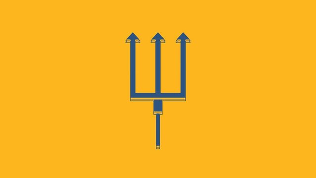 Blue Neptune Trident icon isolated on orange background. 4K Video motion graphic animation