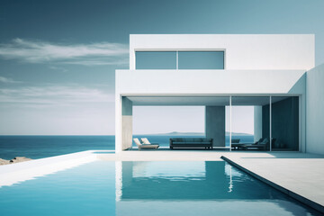 Fototapeta na wymiar Luxury residential minimalist villa with pool and ocean on horizon