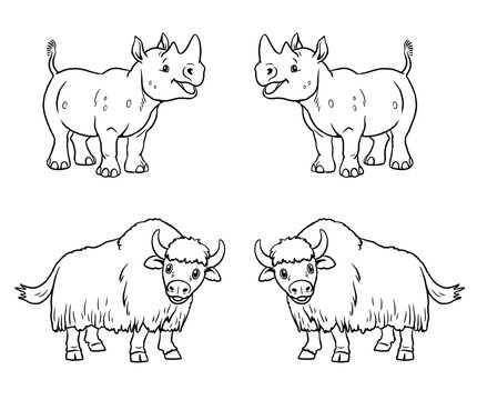 Cute rhinoceros and yak to color in. Template for a coloring book with funny animals. Coloring template for kids.