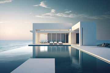 Luxury residential minimalist villa with pool and ocean on horizon - obrazy, fototapety, plakaty