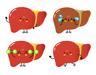 Funny liver characters bundle set. Vector hand drawn doodle style cartoon character illustration icon design. Cute liver mascot character collection