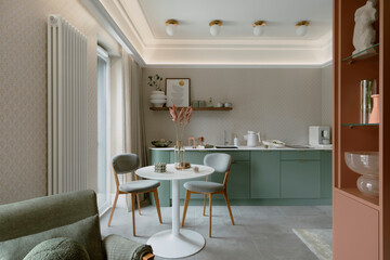 Interior design of dining room interior with mock up poster frame, round table, green shelf, vase with flowers, stylish armchair, pink rack, glass bowl and personal accessories. Home decor. Template.