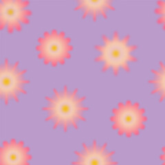 Trendy seamless pattern with y2k blurred gradient daisy flower on purple background. Groovy color background.