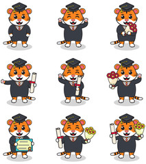 Fototapeta premium Cute cartoon Tiger in graduate hat on white background. Vector Set of Cute Graduation Themed Tiger. Illustration symbol mascot character animal. Design flat cartoon.