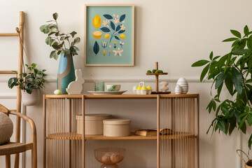 Warm and cozy composition of easter  living room interior with mock up poster frame, vase with tulips, hare sculpture, carrot, bowl, wooden sideboard and personal accessories. Home decor. Template.