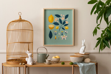 Cozy composition of easter living room interior with mock up poster frame, wooden sideboard, easter...