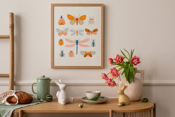 Interior design of easter living room interior with mock up poster frame, glass vase with tulips,...
