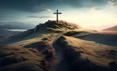 cross on the hill, the path leading to God, Happy easter. Christian symbol of faith, generative ai