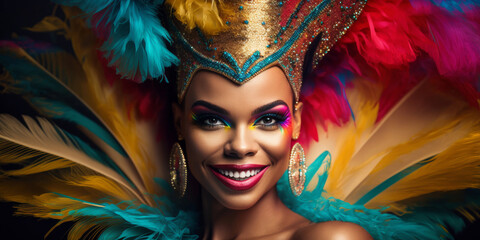 Obraz premium Portrait of a black woman wearing a carnival mask. party celebration. Generative ai