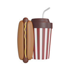 Fast Food hot dog and Soft Drink isolated on transparent background. 3D rendering Illustration