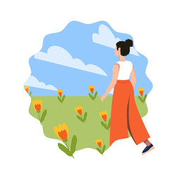 Happy woman starts a new life. Female doing first step in the future. Girl wants to get rid of psychological problems. Concept of mental health improvement, liberty and freelance. Vector illustration