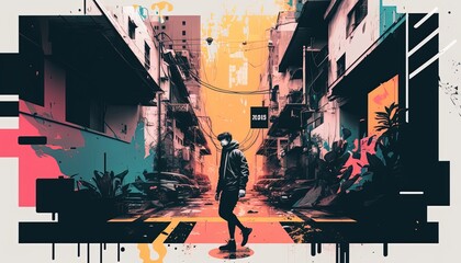 modern art double exposure style illustration, a man walking on modern urban city street, idea for modern lifestyle background wallpaper, Generative Ai