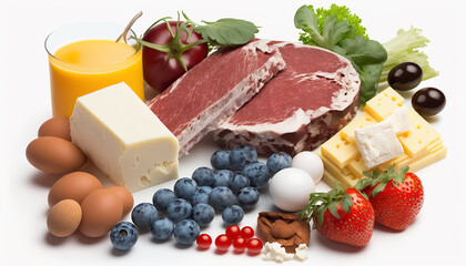 vegetables and fruits milk meat on a white background. Generative AI