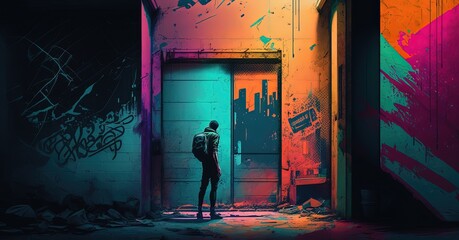 abstract funky background with a man walking to the door, urban cyber punk city theme, Generative Ai