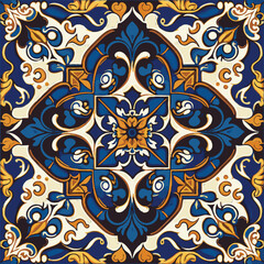 Retro Azulejo Mosaic Tile, Vintage Portuguese Wall Ceramic Seamless Pattern, Old Blue Tiles Background