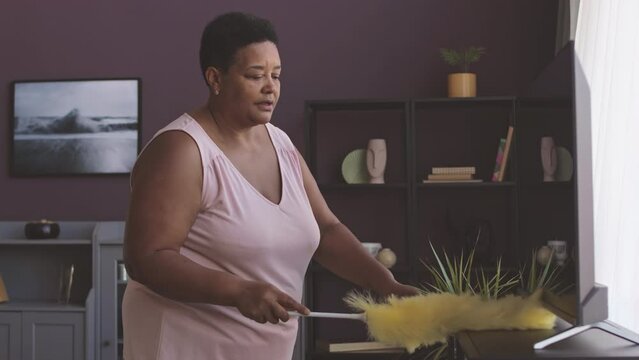 Medium shot of curvy mid adult Black woman cleaning TV screen with feather duster while doing household chores