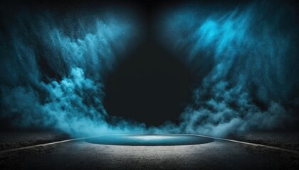blue, spotlights shine on stage floor in dark room, mist drift around, idea for background, backdrop mock up, Generative Ai