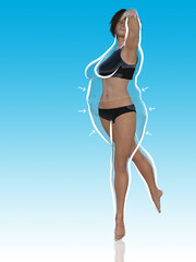 Conceptual fat overweight obese female vs slim fit healthy body after weight loss or diet with white outline and pointing arrows on blue. A  fitness, nutrition or obesity, health shape 3D illustration